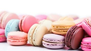 Sweet French macaroons on a white background, dessert. AI Generative photo