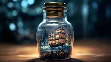 photo close up old ship on bottle Generative AI
