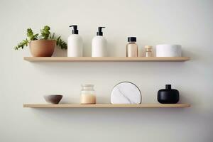 A detailed shot of a minimalist bathroom shelf, adorned with carefully curated essentials and decorative elements Generative AI photo