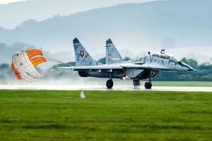 Military fighter jet plane at air base. Air force flight operation. Aviation and aircraft. Air defense. Military industry. Fly and flying. photo