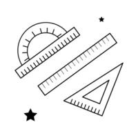 Isolated doodle ruler, triangle, protractor black and white. Outline vector Icon school supplies. Simple elements for icon, cover, print, poster, card, web element, card for children.