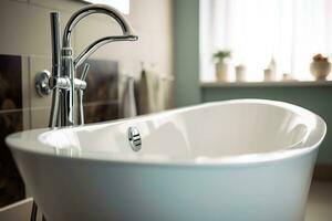 a freestanding bathtub with clean lines and a polished chrome faucet Generative AI photo