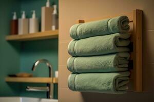 unadorned towel rack holding neatly folded plush towels Generative AI photo