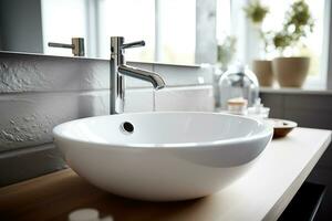 A detailed shot of a pristine white ceramic sink with a minimalist design Generative AI photo