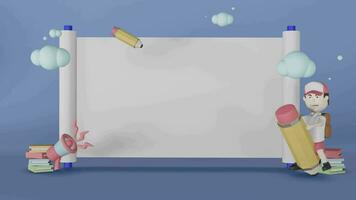 retour à école avec illustration de garçon équitation une crayon bleu Contexte et blanc planche 3d le rendu, 3d illustration animation boucle. video