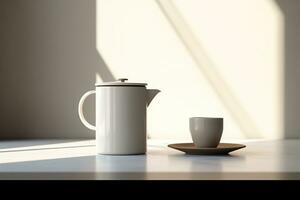 A minimalist scene featuring a ceramic coffee mug and a French press, with the focus on the brewing process Generative AI photo