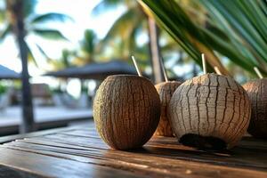 A photo of young coconuts an wooden table with a tiki beach bar blurred background Generative AI