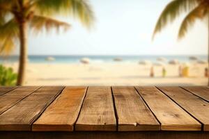 un foto de un vacío de madera mesa con un tiki playa bar borroso antecedentes generativo ai