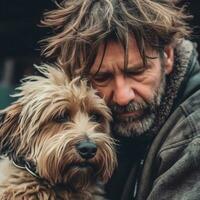 A man hugs a dog. Generated by Artificial Intelligence. Friendship between people and animals. Homeless photo