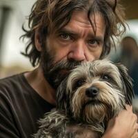 A man hugs a dog. AI generated. Friendship between people and animals. Homeless photo