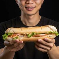 Sandwich day. AI generated. Asian man holding a big sandwich in his hands. Close-up. Fast food. Unhealthy food photo