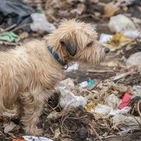 Sad, dirty dog near the garbage. Generated by Artificial Intelligence.World Homeless Animals Day. A hungry animal is looking for food photo