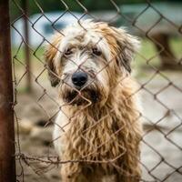 Sad dog behind the fence. AI generated. World Homeless Animals Day. Cell photo