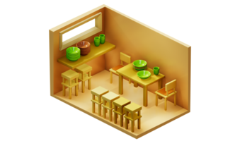 3D rendering of isometric room with wooden table and chairs png