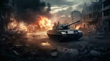 Armored tank crosses destroyed city during war invasion epic scene of fire and some in war. Generative Ai photo