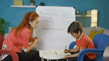 A teacher lectures a boy student, the teacher congratulates her student. video