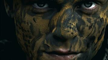 Close up of a Camouflage painted face. Generative Ai photo