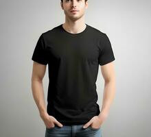 joven hombre vistiendo blanco negro t camisa Bosquejo impresión presentación Bosquejo ai generar foto
