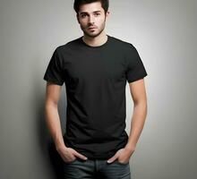 Young man wearing blank black t shirt mockup print presentation mockup ai generate photo