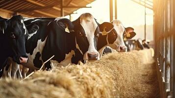 Cows eating hay in cowshed on beef cattle farm. meat production livestock industry. Generative Ai photo