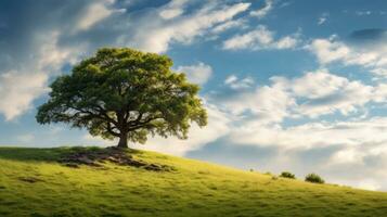 Landscape view of one big tree on the top of the hill with green grass on a hillside with blue sky and clouds in the background. Generative Ai photo