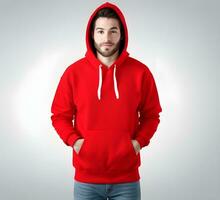 Young man wearing blank red hoodie mockup print presentation mockup ai generate photo