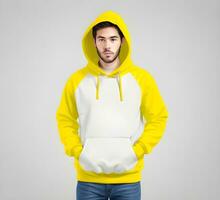 Young man wearing blank yellow hoodie mockup print presentation mockup ai generate photo