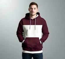 Young man wearing blank maroon hoodie mockup print presentation mockup ai generate photo