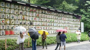 Tokyo , Japan - May 29 , 2023 Sake barrels at the Meiji Jingu Shrine in Shibuya, Tokyo, video