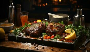 Grilled meat with vegetables photo
