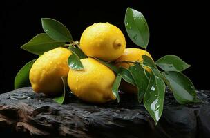Fresh lemon with green leaves. photo