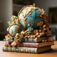 Antique books with globe on wooden table photo