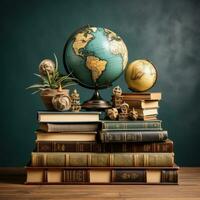 Stacked books and an earth globe for education day photo