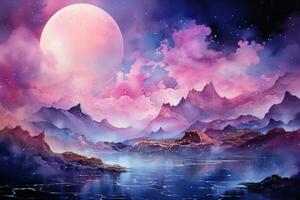 Landscape watercolor painting of Mountains and stars. photo