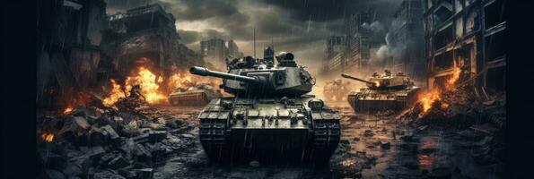 Armored tank crosses destroyed city during war invasion epic scene of fire and some in war. Generative Ai photo