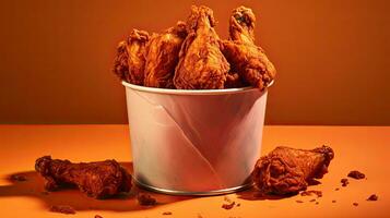 Bucket full of Fried Chicken wings and legs. Generative Ai photo