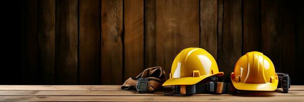 un casco de construcción trabajador herramientas en marrón de madera antecedentes con Copiar espacio, espacio para texto diseño. construcción bandera. generativo ai foto