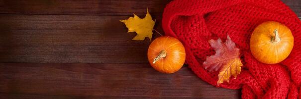 Autumn flat lay. Ripe pumpkins, fallen leaves and  red warm scarf on wooden background. Harvest and Thanksgiving concept. photo