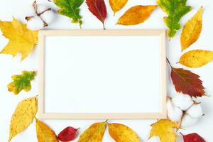 Empty frame mock up on white background and yellow fallen leaves. Hello autumn concept. photo