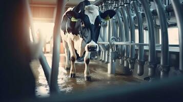 A farmer man cow milking with facility and modern mechanized milking equipment. Generative Ai photo