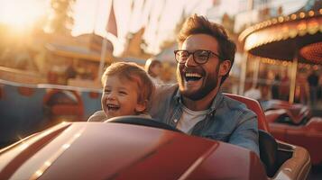 alegre padre y hijo y tener divertido mientras conducción un parachoque coche en un diversión parque. generativo ai foto