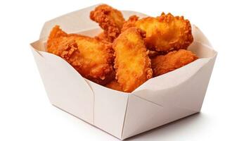 Fried breaded chicken fillet in white cardboard box isolated on white background. Generative Ai photo