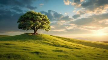 Landscape view of one big tree on the top of the hill with green grass on a hillside with blue sky and clouds in the background. Generative Ai photo