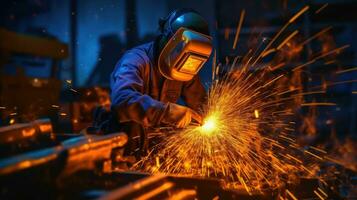 a Worker cutting metal with many sharp sparks in the factory. Industrial metal. Generative Ai photo