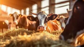 Cows eating hay in cowshed on beef cattle farm. meat production livestock industry. Generative Ai photo