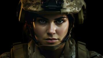 un fuerte mirando mujer vistiendo militar uniforme incluso camuflaje fatigas y un casco. ella es Listo para guerra a proteger y servir su país. generativo ai foto