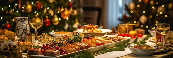 Dinner table full of dishes with food and snacks, Christmas and New Year's decor with a Christmas tree on the background. Generative Ai photo