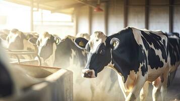 Cows in cow milking facility. Farm dairy and milk production livestock industry. Generative Ai photo