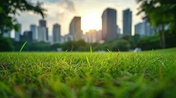 Bangkok beautiful view from Lumpini Park. Green grass field in park at city center with office building urban background Thailand. Generative Ai photo