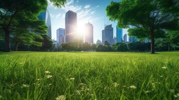 Bangkok beautiful view from Lumpini Park. Green grass field in park at city center with office building urban background Thailand. Generative Ai photo